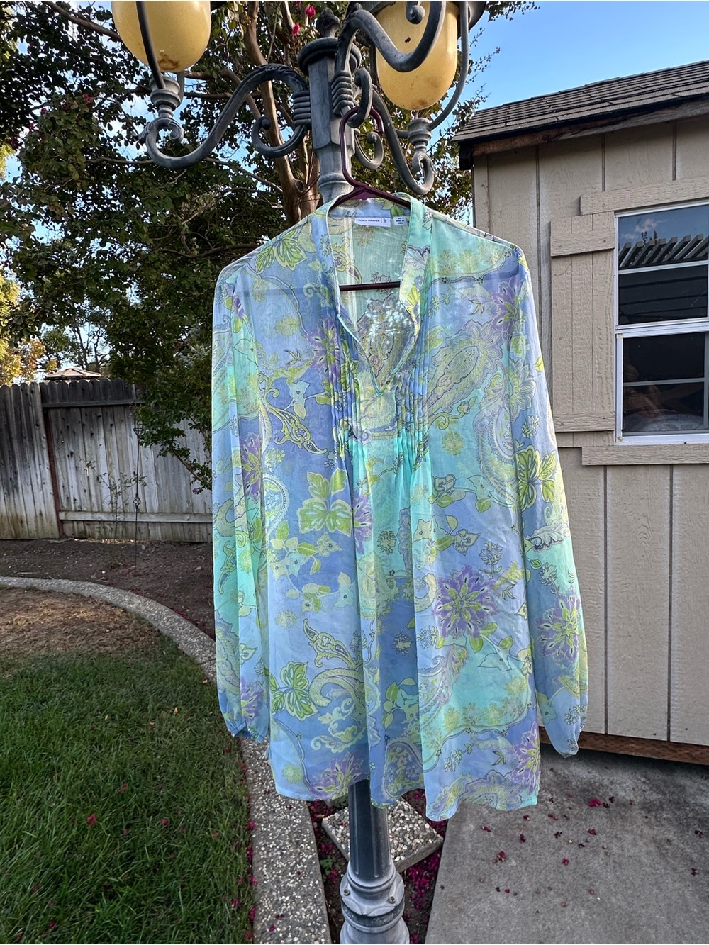 Susan Graver Aqua and Lavender Paisley Floral Button-Down Shirt